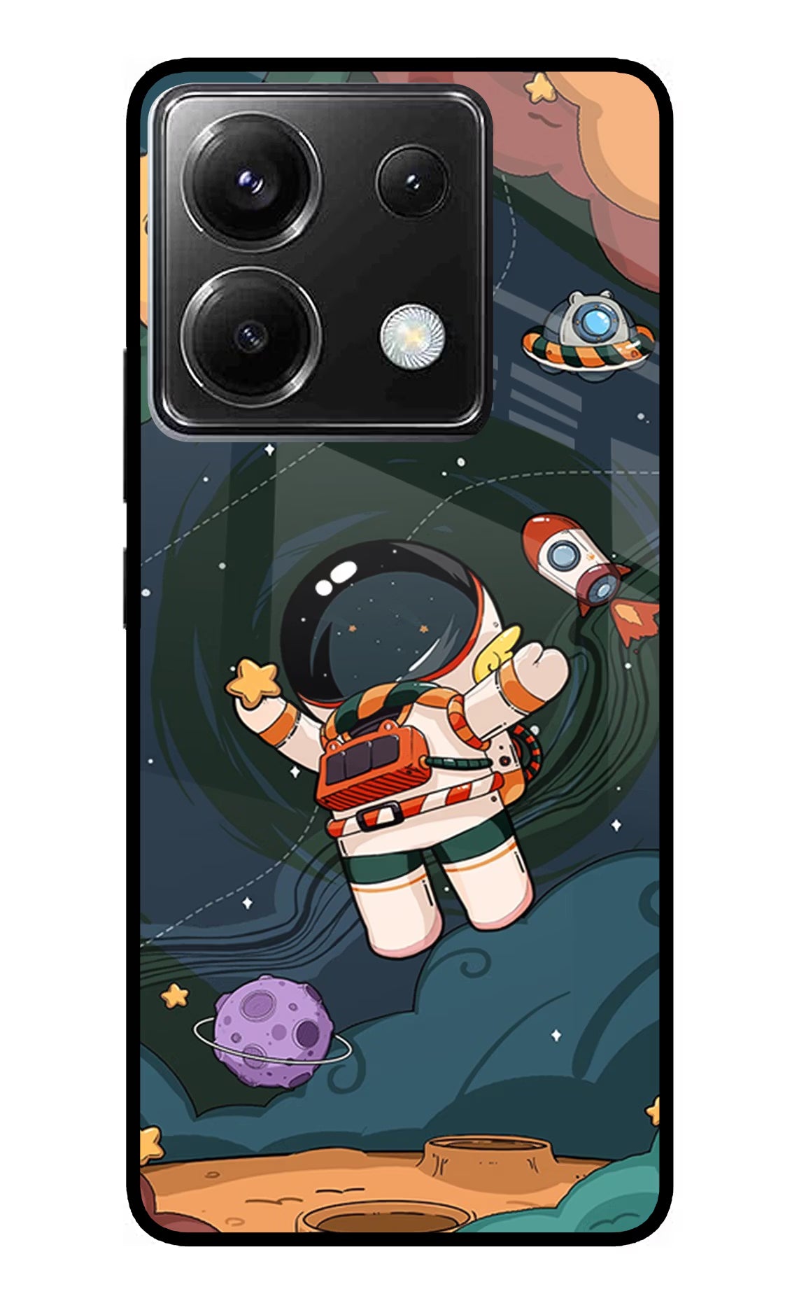 Cartoon Astronaut Poco X6 Glass Case Back Cover by Casekaro