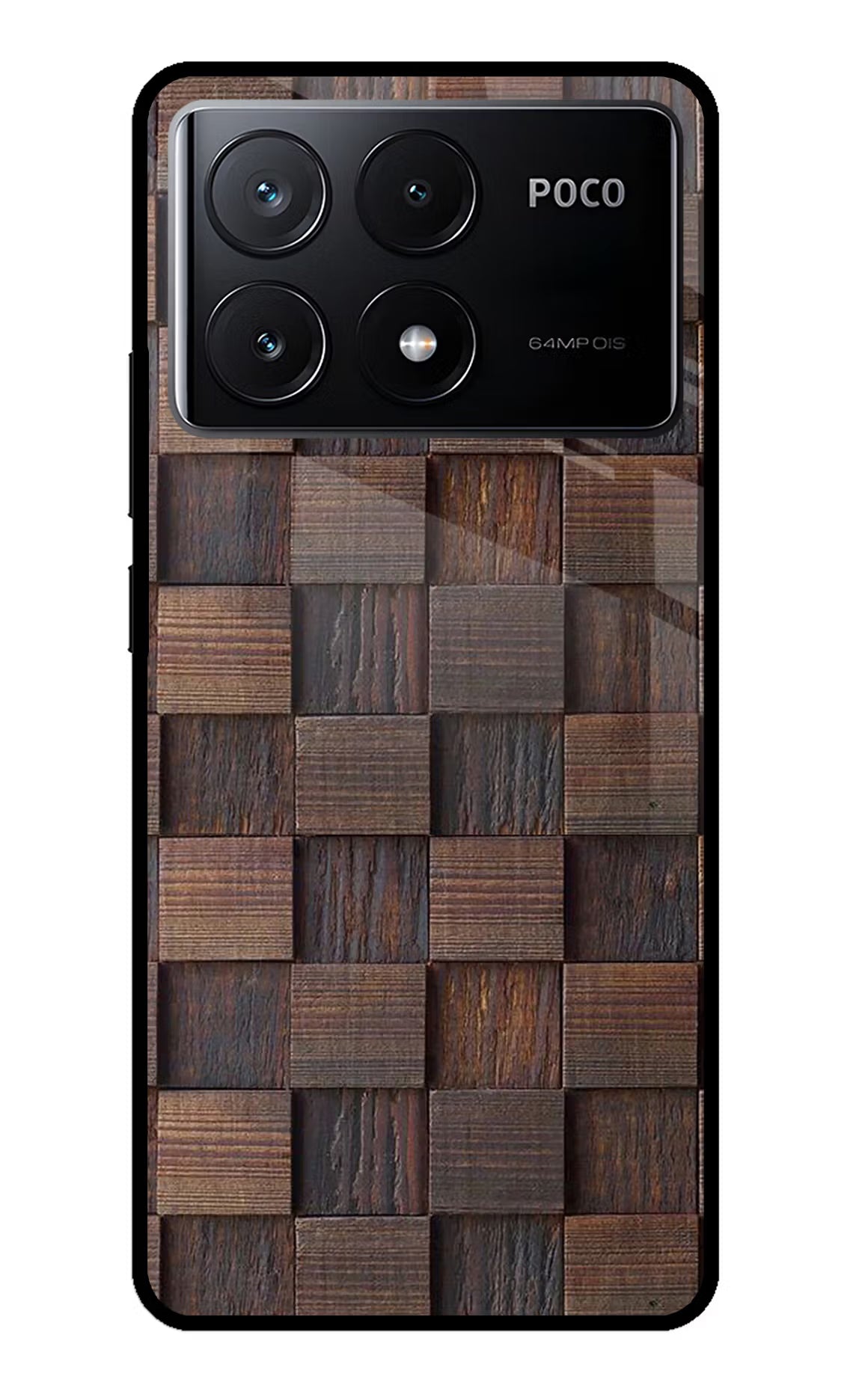 Wooden Cube Design Poco X6 Pro Glass Case Back Cover by Casekaro