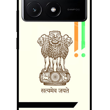 Satyamev Jayate Brown Logo Poco X6 Pro Glass Case Back Cover by Casekaro