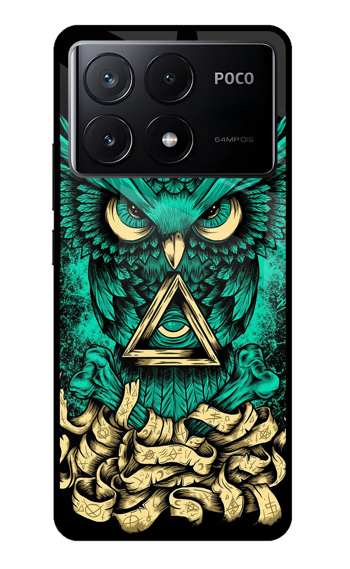 Green Owl Poco X6 Pro Glass Case Back Cover by Casekaro