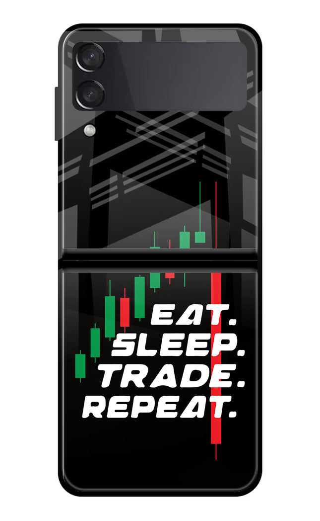 Eat Sleep Trade Repeat Samsung Galaxy Z Flip3 Glass Case Back Cover by Casekaro