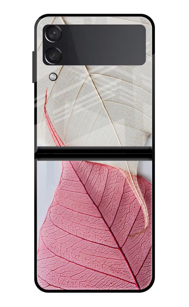 White Pink Leaf Samsung Galaxy Z Flip3 Glass Case Back Cover by Casekaro