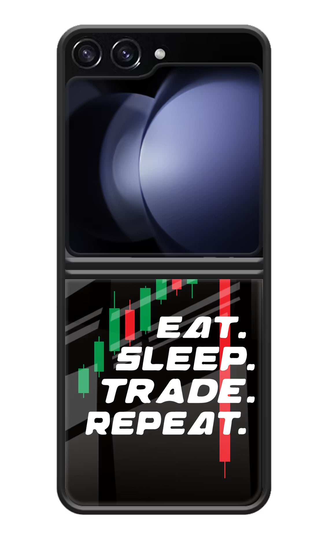 Eat Sleep Trade Repeat Samsung Galaxy Z Flip5 Glass Case Back Cover by Casekaro