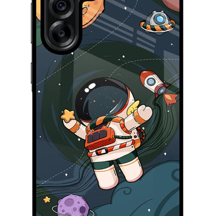 Cartoon Astronaut Samsung A36 5G Glass Case Back Cover by Casekaro