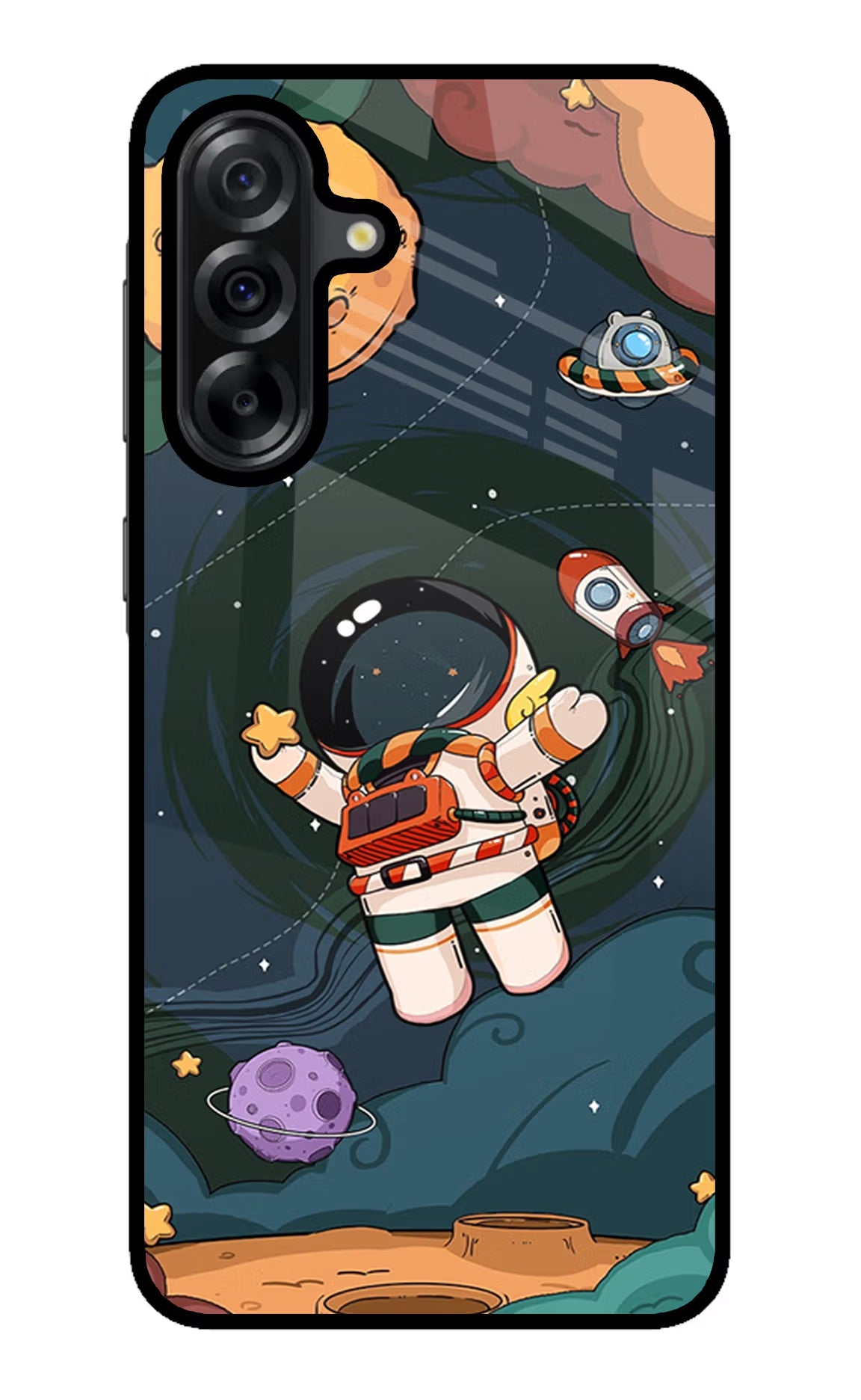 Cartoon Astronaut Samsung A36 5G Glass Case Back Cover by Casekaro