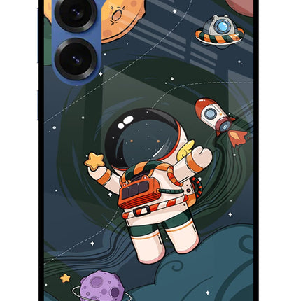 Cartoon Astronaut Samsung S25 Glass Case Back Cover by Casekaro