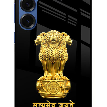 Satyamev Jayate Golden Samsung S25 Plus Glass Case Back Cover by Casekaro