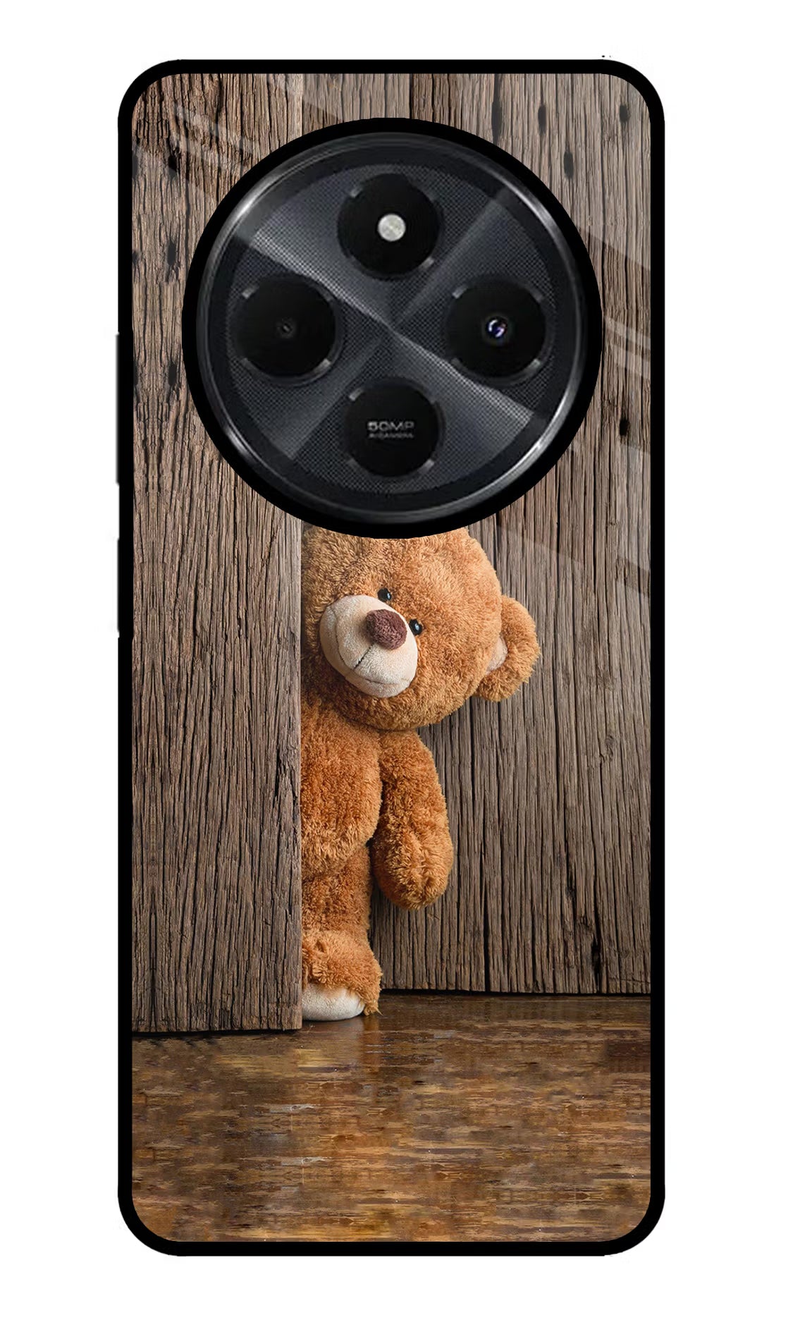 Teddy Wooden Redmi 14C 5G Glass Case Back Cover by Casekaro