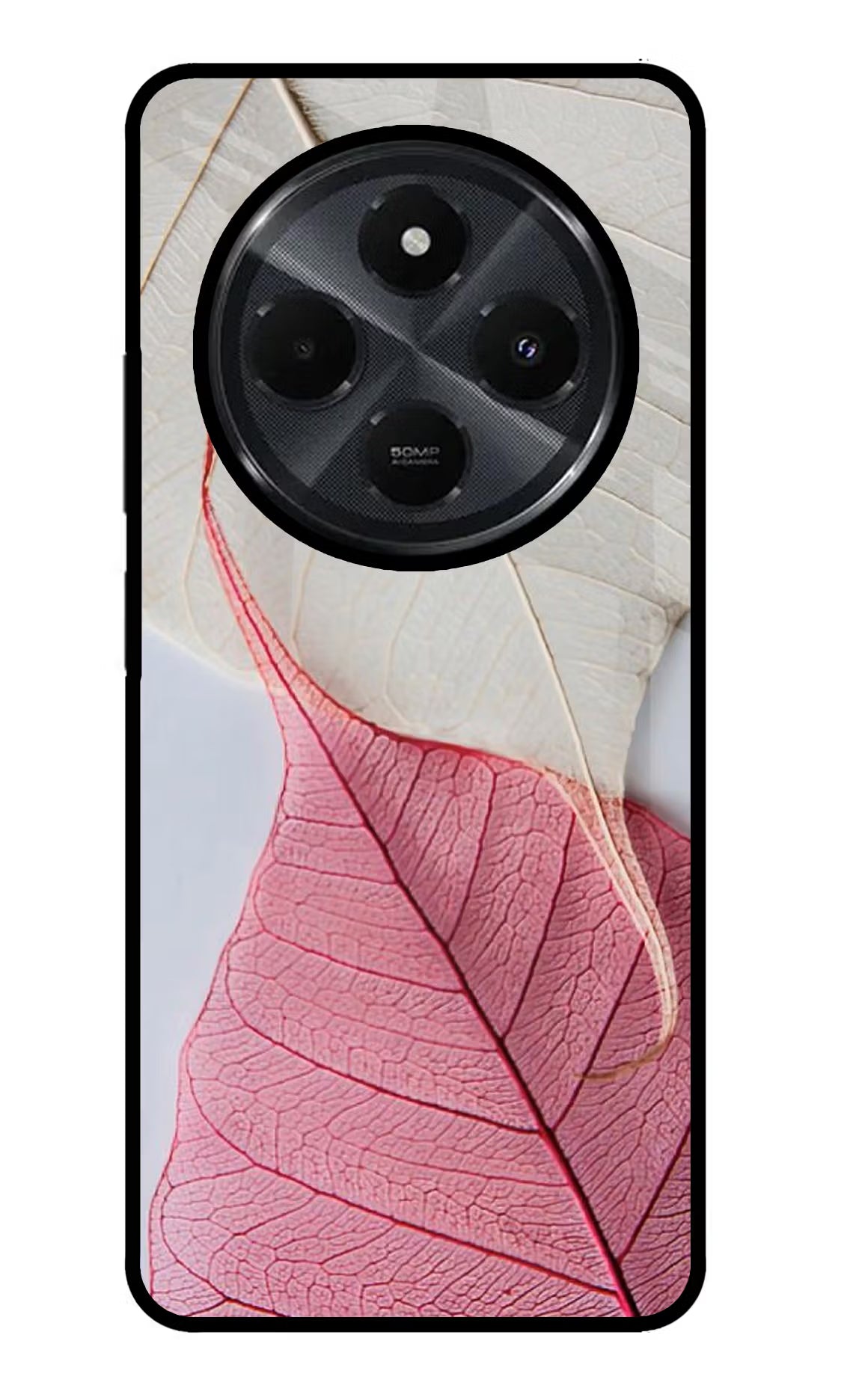 White Pink Leaf Redmi 14C 5G Glass Case Back Cover by Casekaro