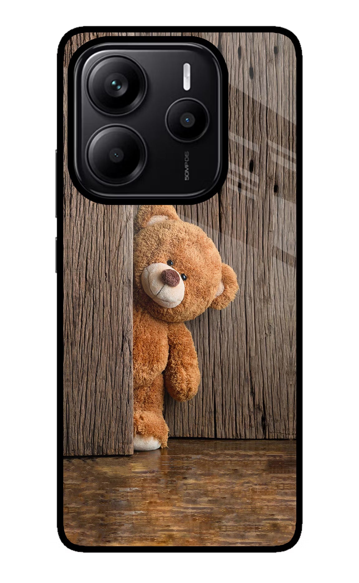 Teddy Wooden Redmi Note 14 5G Glass Case Back Cover by Casekaro