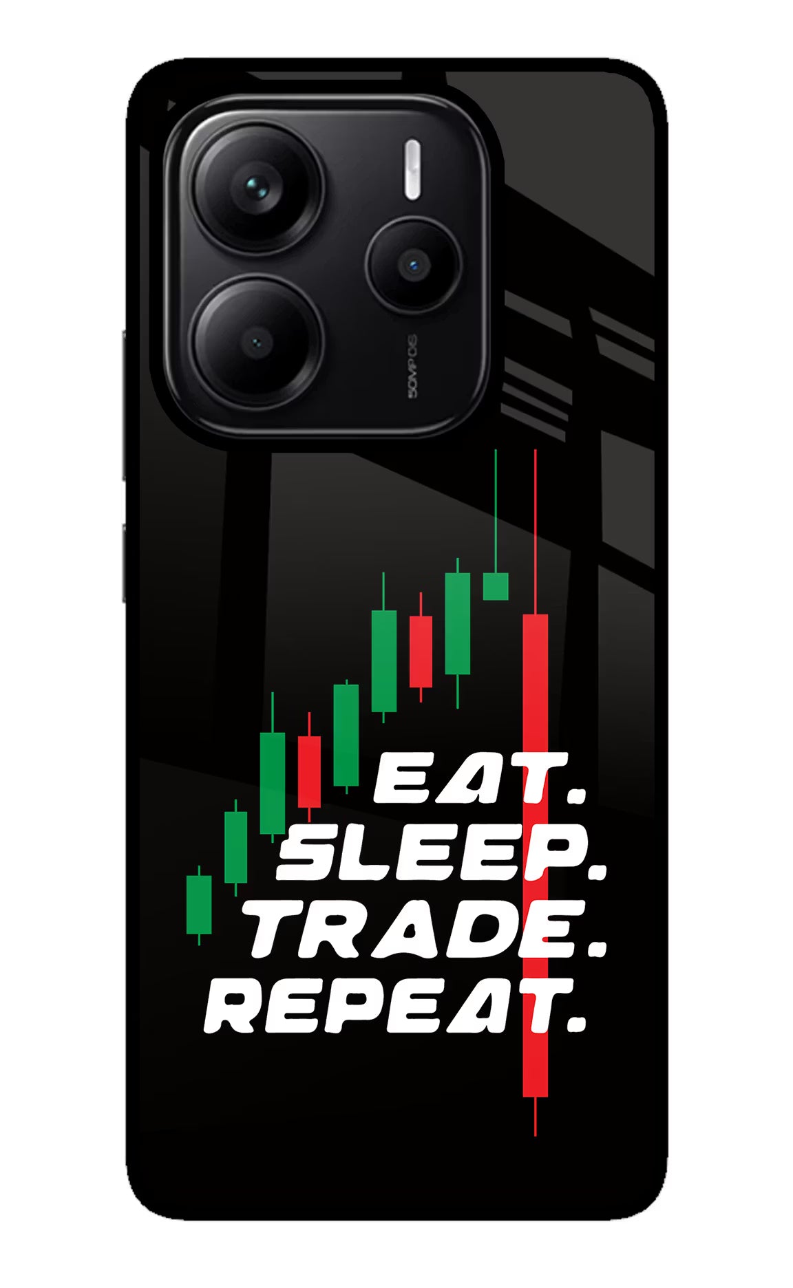 Eat Sleep Trade Repeat Redmi Note 14 5G Glass Case Back Cover by Casekaro