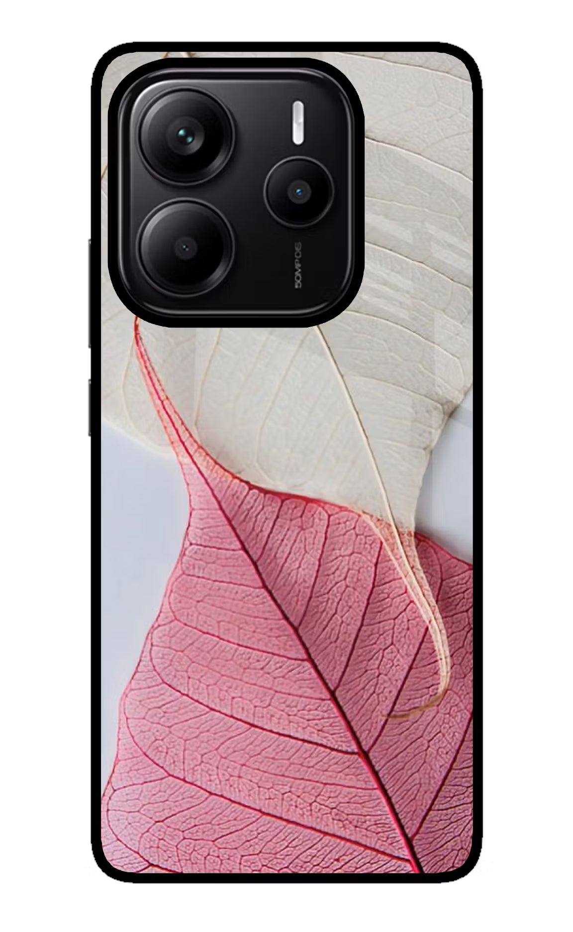 White Pink Leaf Redmi Note 14 5G Glass Case Back Cover by Casekaro