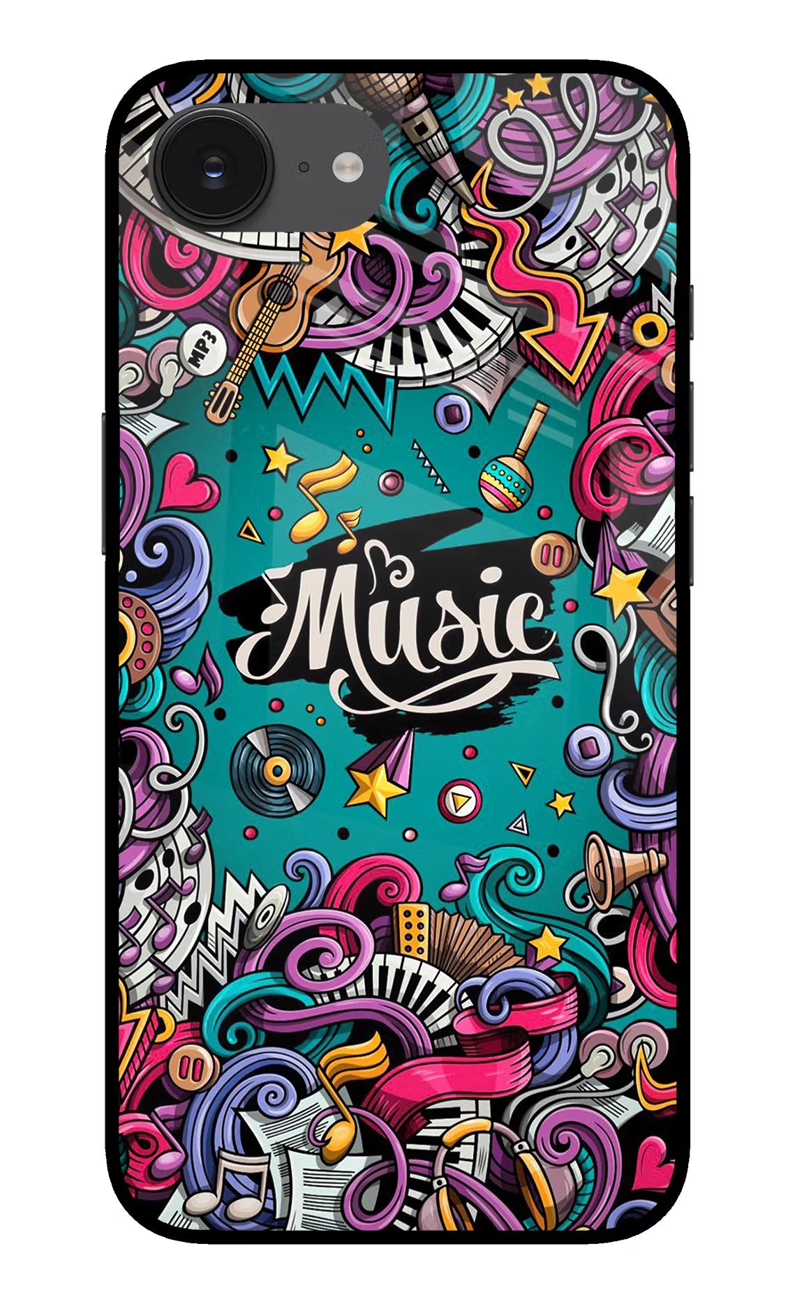 Music Graffiti iPhone 16e Glass Case Back Cover by Casekaro