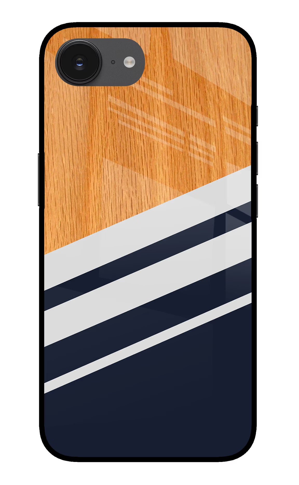 Blue and white wooden iPhone 16e Glass Case Back Cover by Casekaro