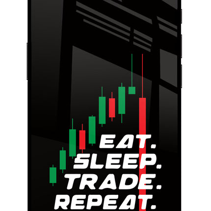 Eat Sleep Trade Repeat iPhone 16e Glass Case Back Cover by Casekaro