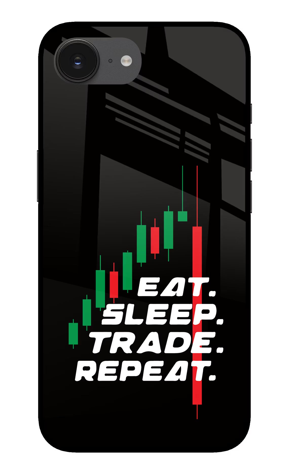 Eat Sleep Trade Repeat iPhone 16e Glass Case Back Cover by Casekaro