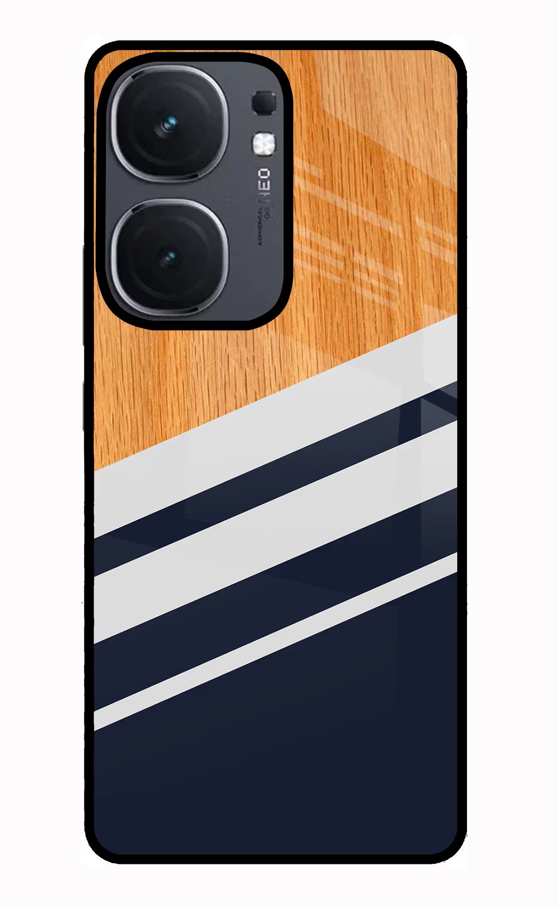 Blue and white wooden IQOO Neo9 Pro Glass Case Back Cover by Casekaro
