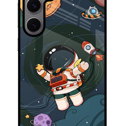 Cartoon Astronaut Samsung S24 FE 5G Glass Case Back Cover by Casekaro