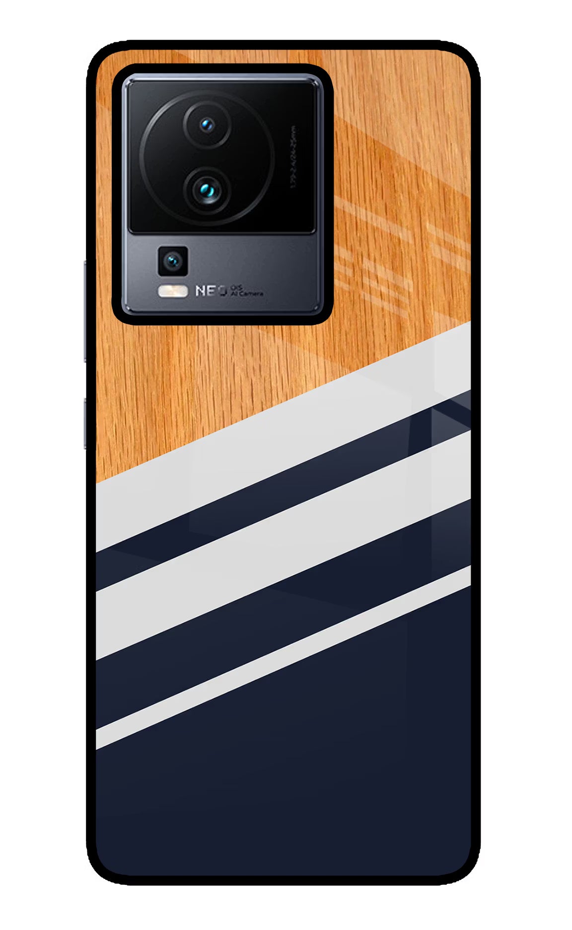 Blue and white wooden iQOO Neo 7 Glass Case Back Cover by Casekaro