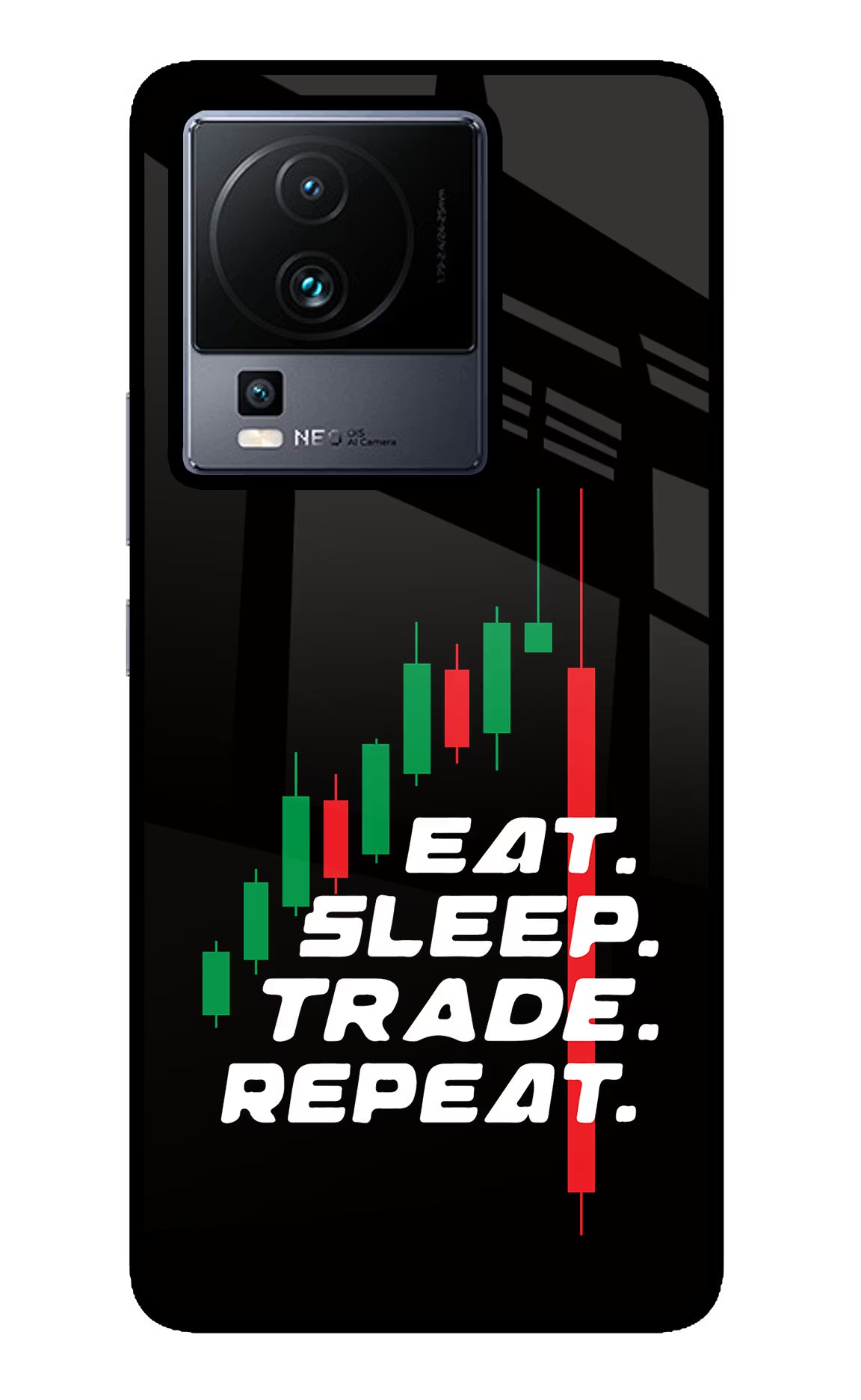 Eat Sleep Trade Repeat iQOO Neo 7 Glass Case Back Cover by Casekaro