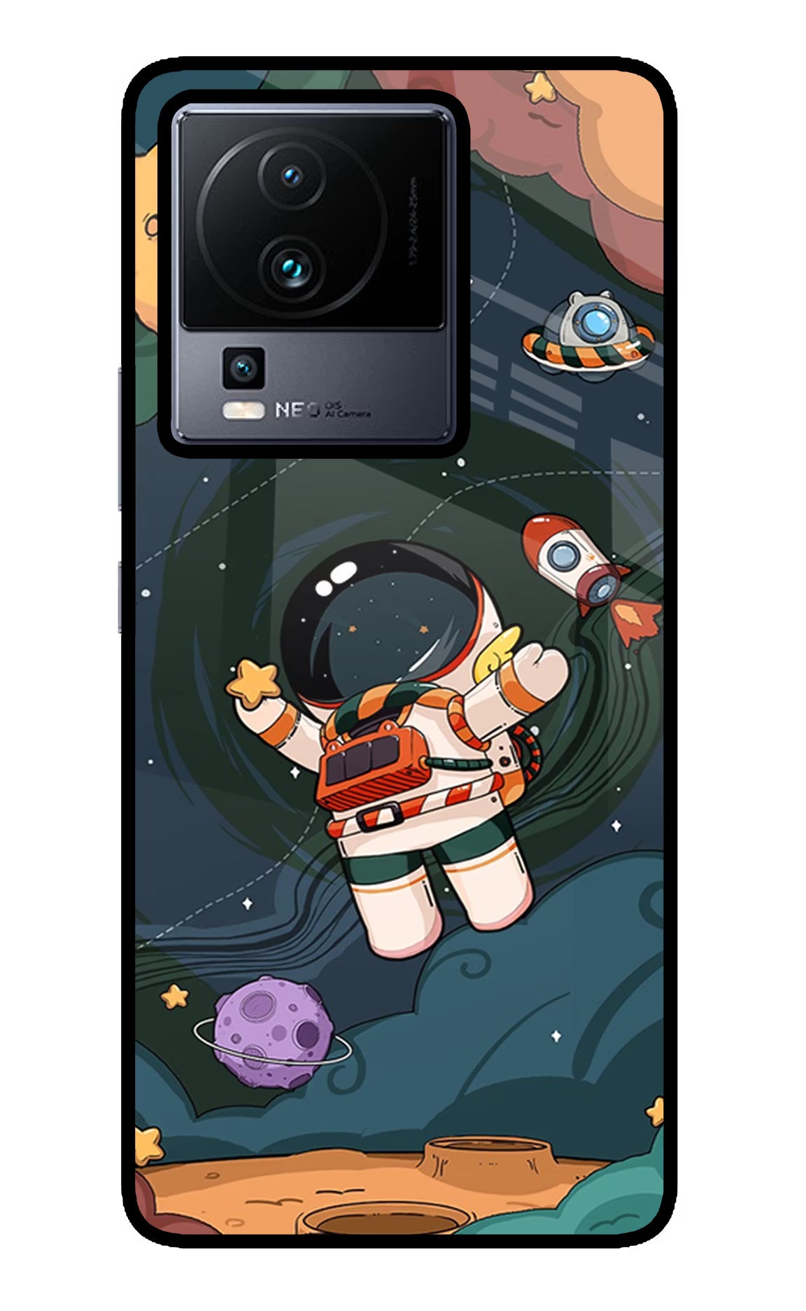 Cartoon Astronaut iQOO Neo 7 Glass Case Back Cover by Casekaro