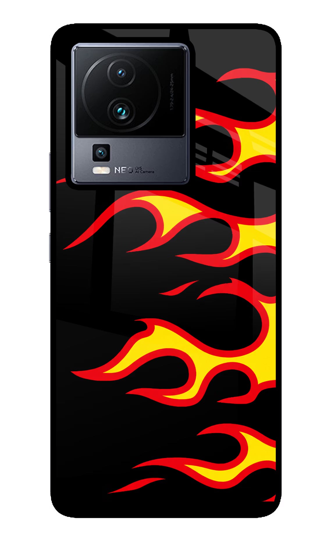 Side Sweep Flames iQOO Neo 7 Glass Case Back Cover by Casekaro