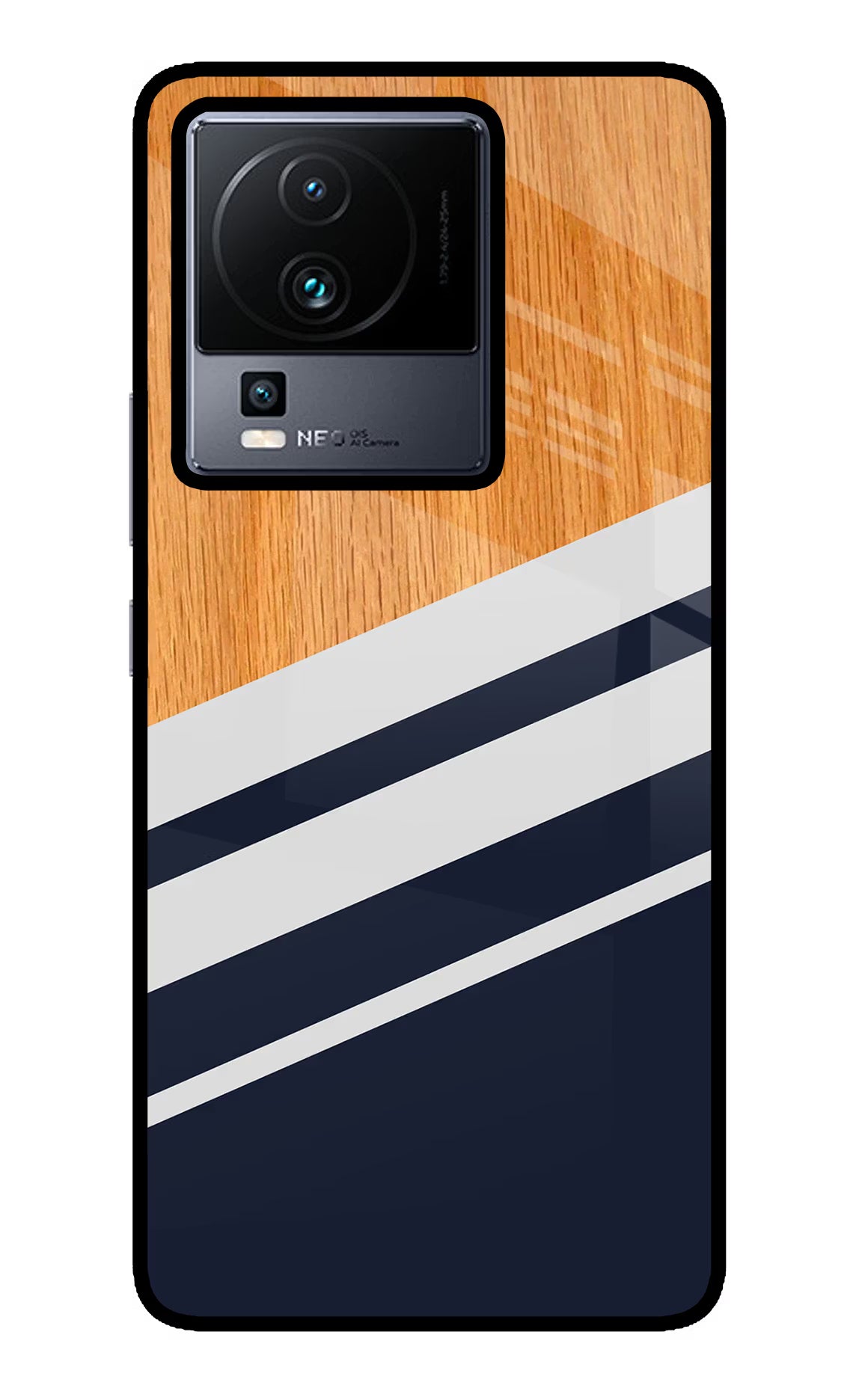 Blue and white wooden iQOO Neo 7 Pro Glass Case Back Cover by Casekaro