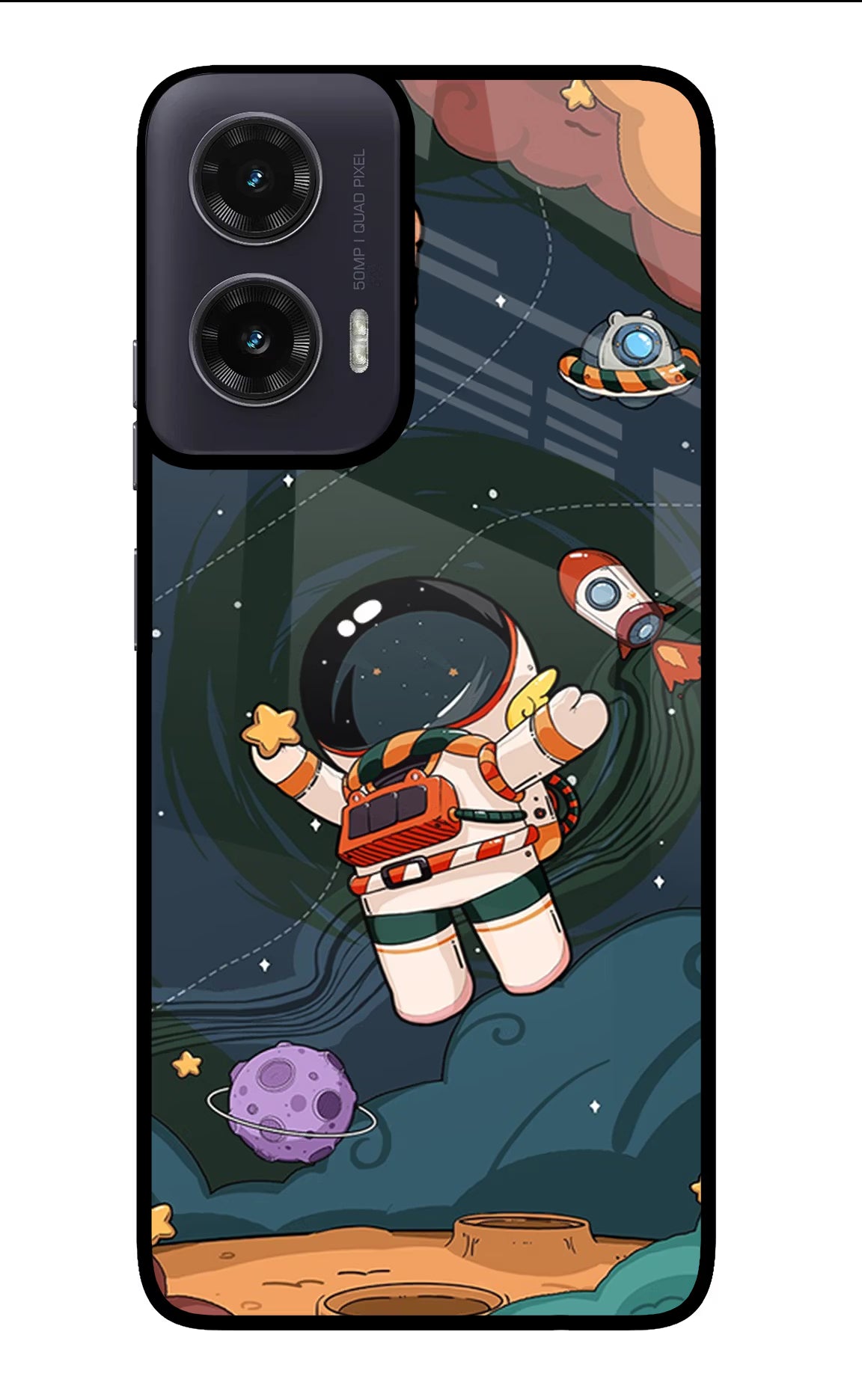 Cartoon Astronaut Moto G35 5G Glass Case Back Cover by Casekaro