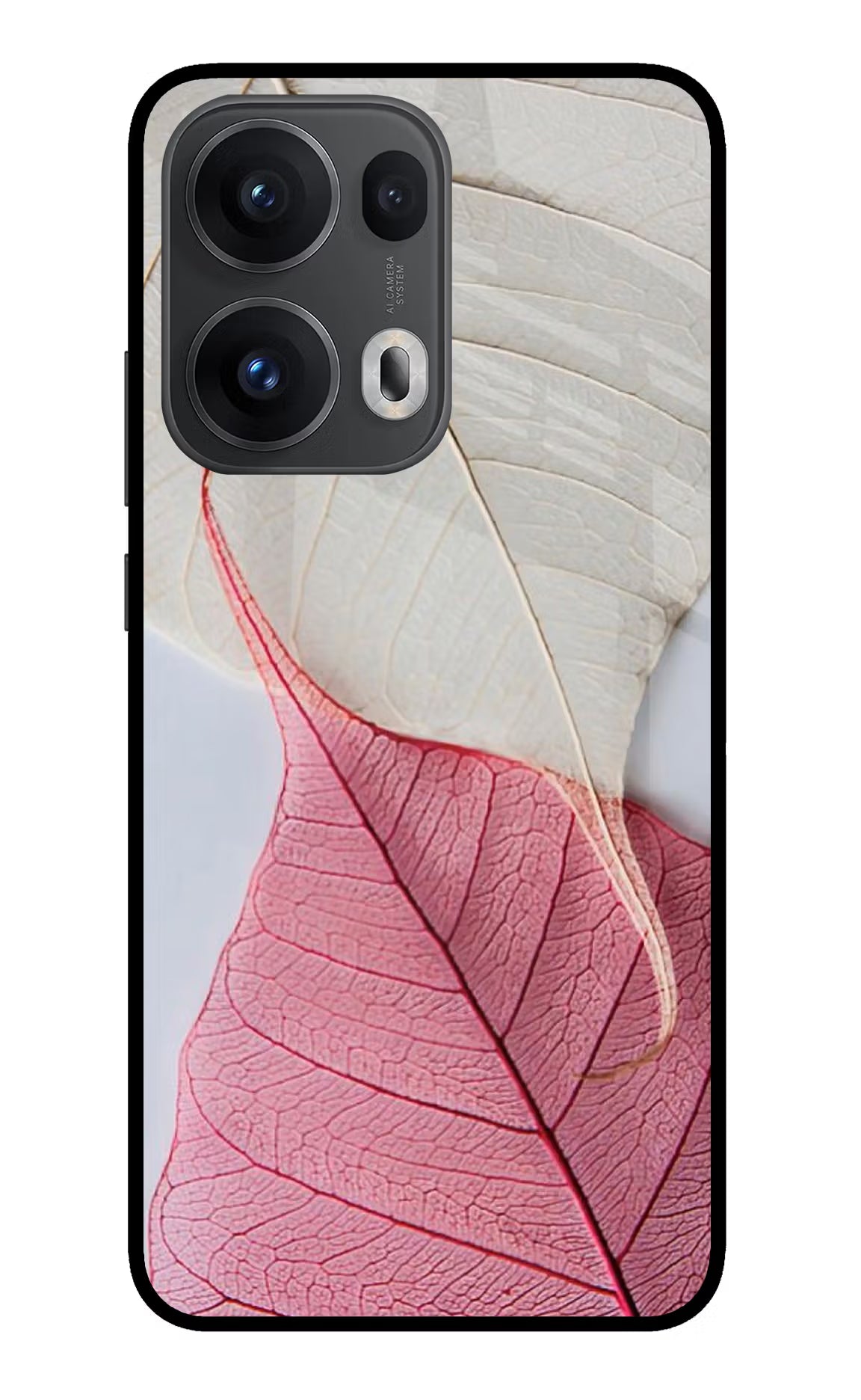 White Pink Leaf Oppo Reno13 Pro 5G Glass Case Back Cover by Casekaro