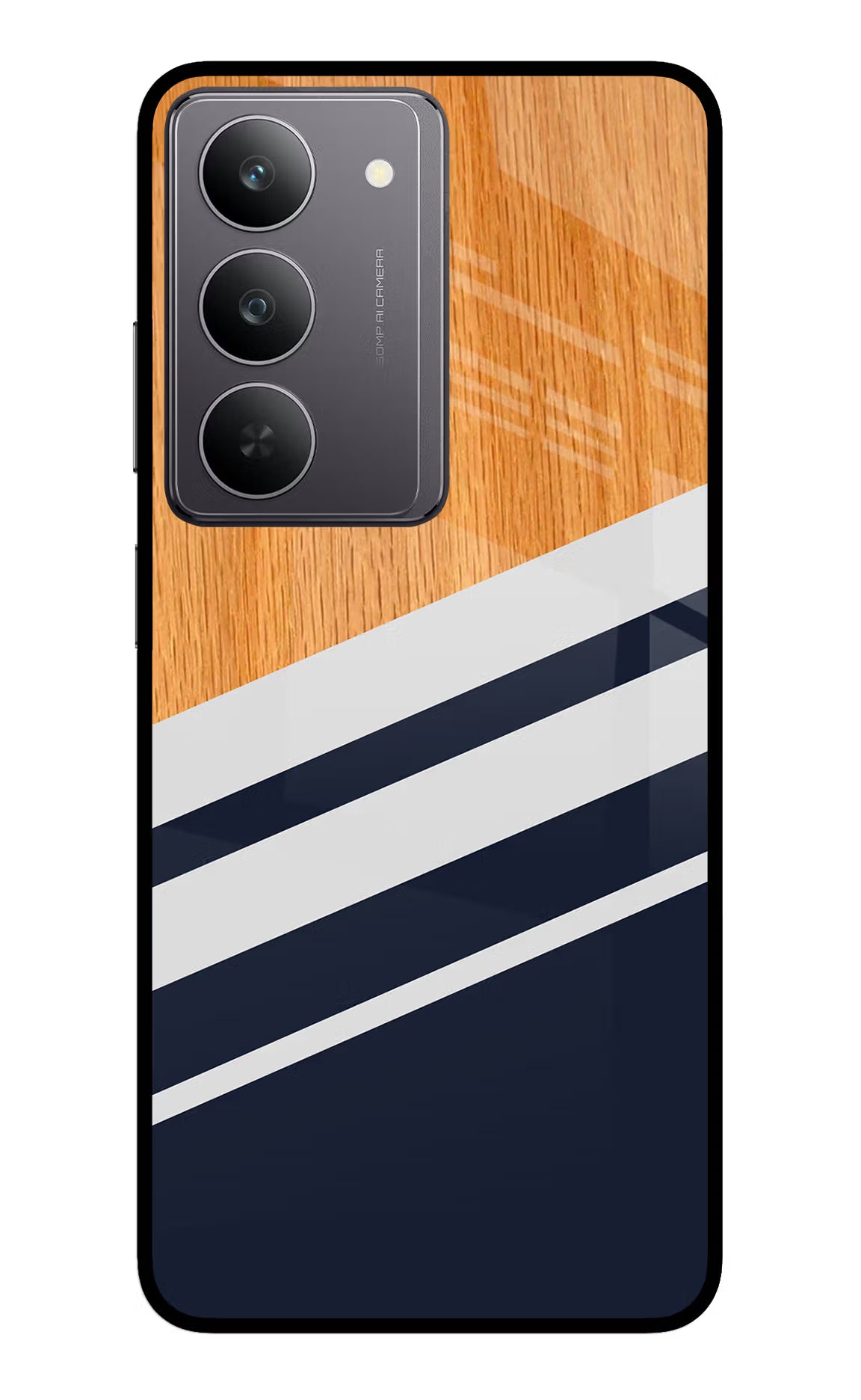 Blue and white wooden Realme 14x 5G Glass Case Back Cover by Casekaro