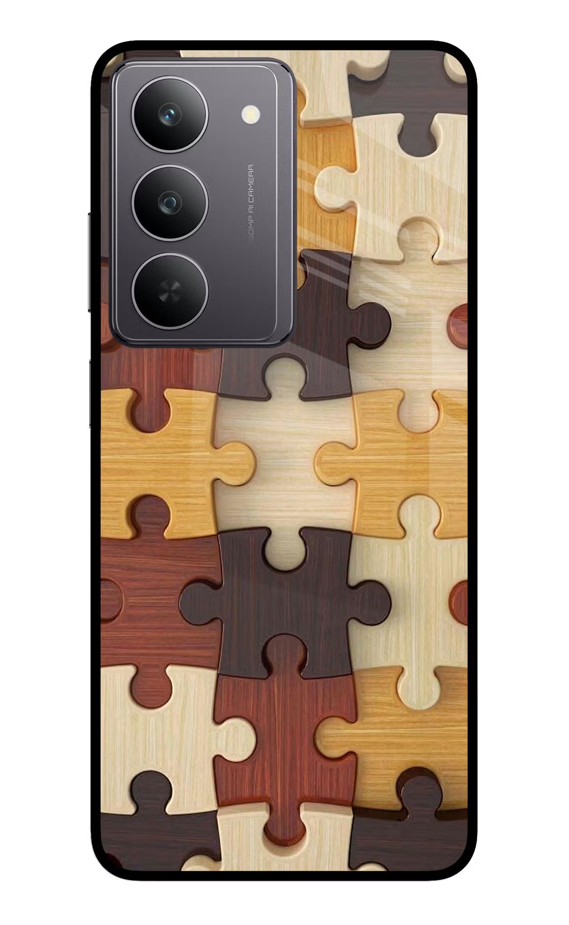 Wooden Puzzle Realme 14x 5G Glass Case Back Cover by Casekaro