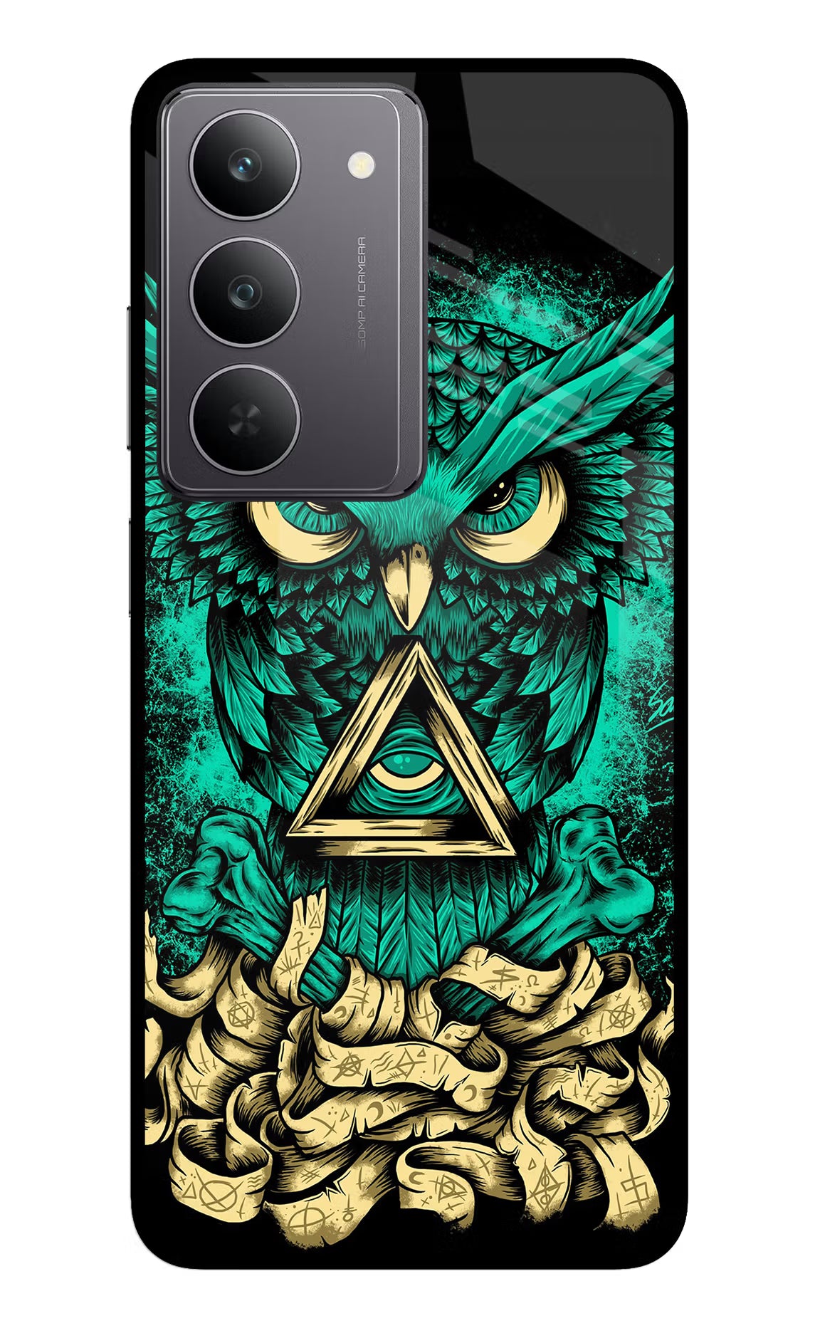 Green Owl Realme 14x 5G Glass Case Back Cover by Casekaro