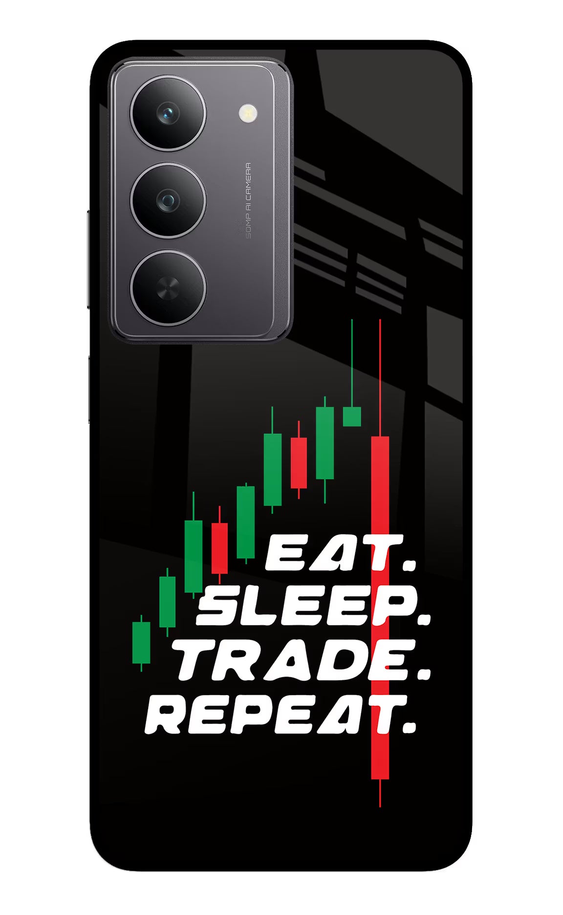 Eat Sleep Trade Repeat Realme 14x 5G Glass Case Back Cover by Casekaro