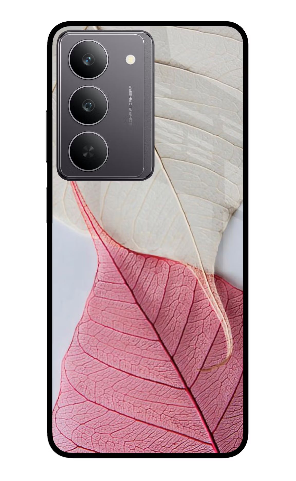 White Pink Leaf Realme 14x 5G Glass Case Back Cover by Casekaro