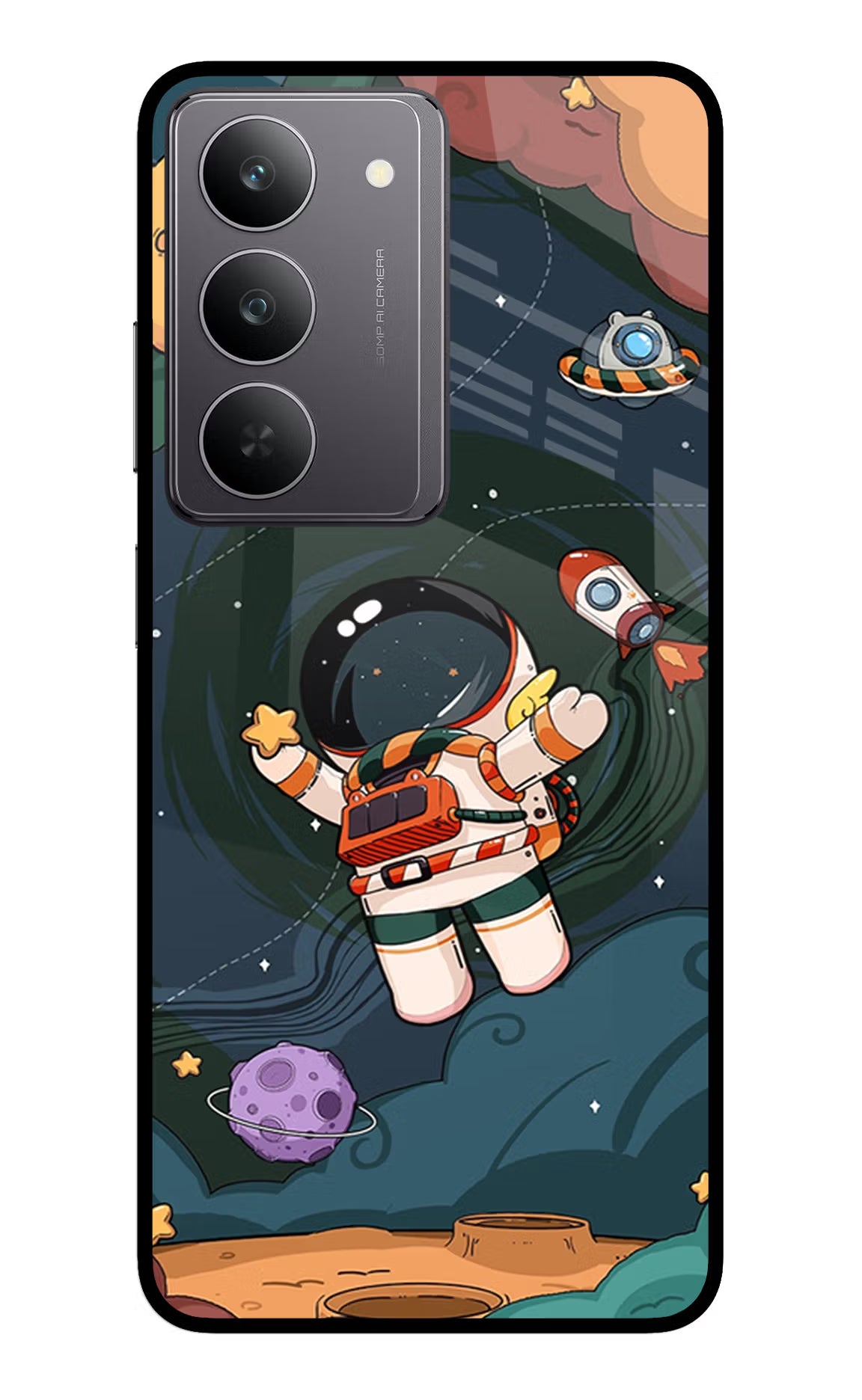 Cartoon Astronaut Realme 14x 5G Glass Case Back Cover by Casekaro