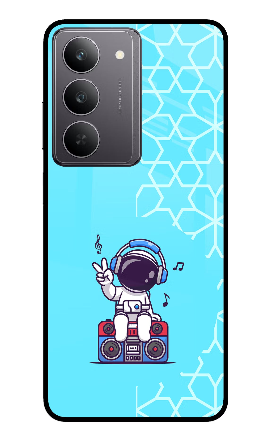 Cute Astronaut Chilling Realme 14x 5G Glass Case Back Cover by Casekaro