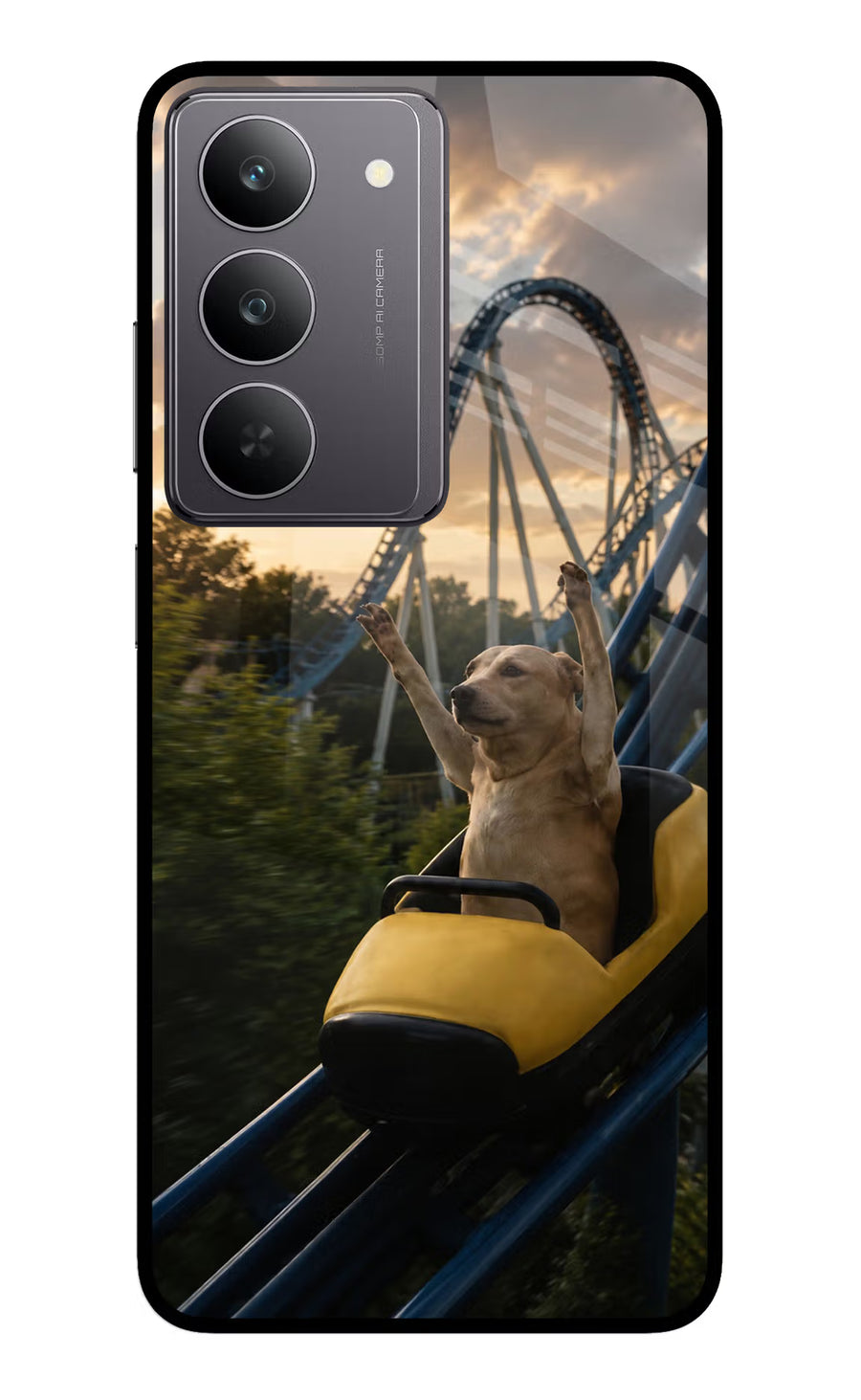 Rollercoaster Dog Realme 14x 5G Back Cover, Glass case