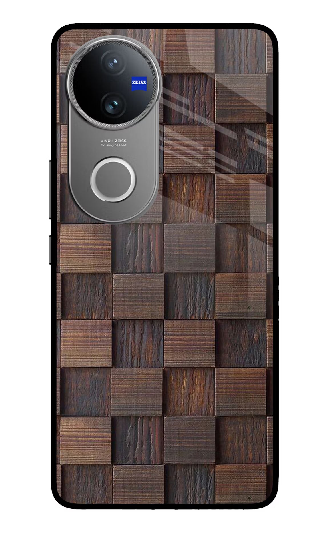 Wooden Cube Design Vivo V50 5G Glass Case Back Cover by Casekaro