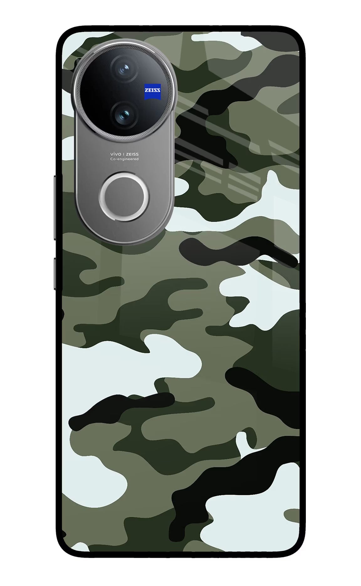 Camouflage Vivo V50 5G Glass Case Back Cover by Casekaro