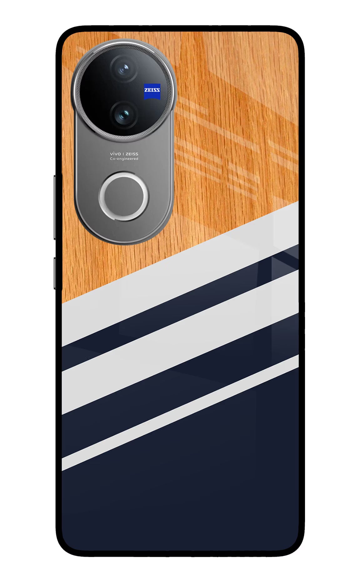 Blue and white wooden Vivo V50 5G Glass Case Back Cover by Casekaro