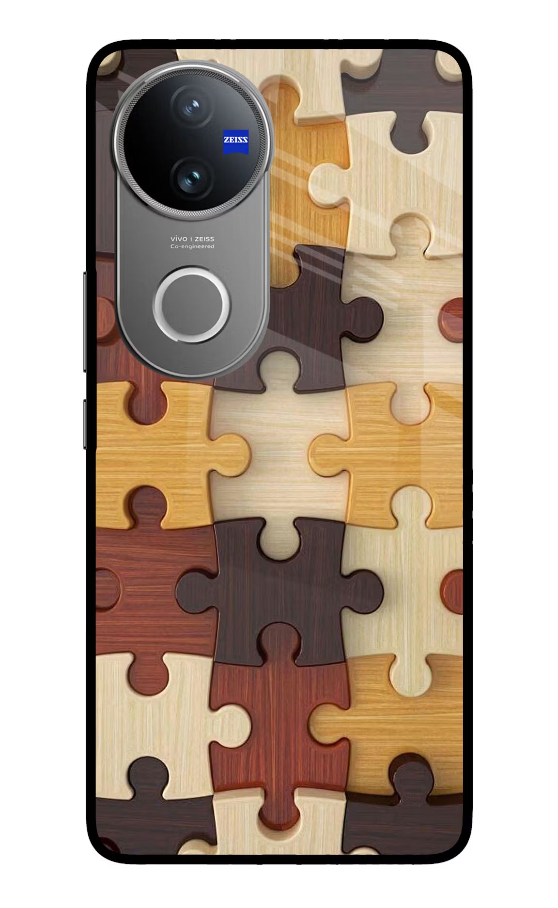 Wooden Puzzle Vivo V50 5G Glass Case Back Cover by Casekaro