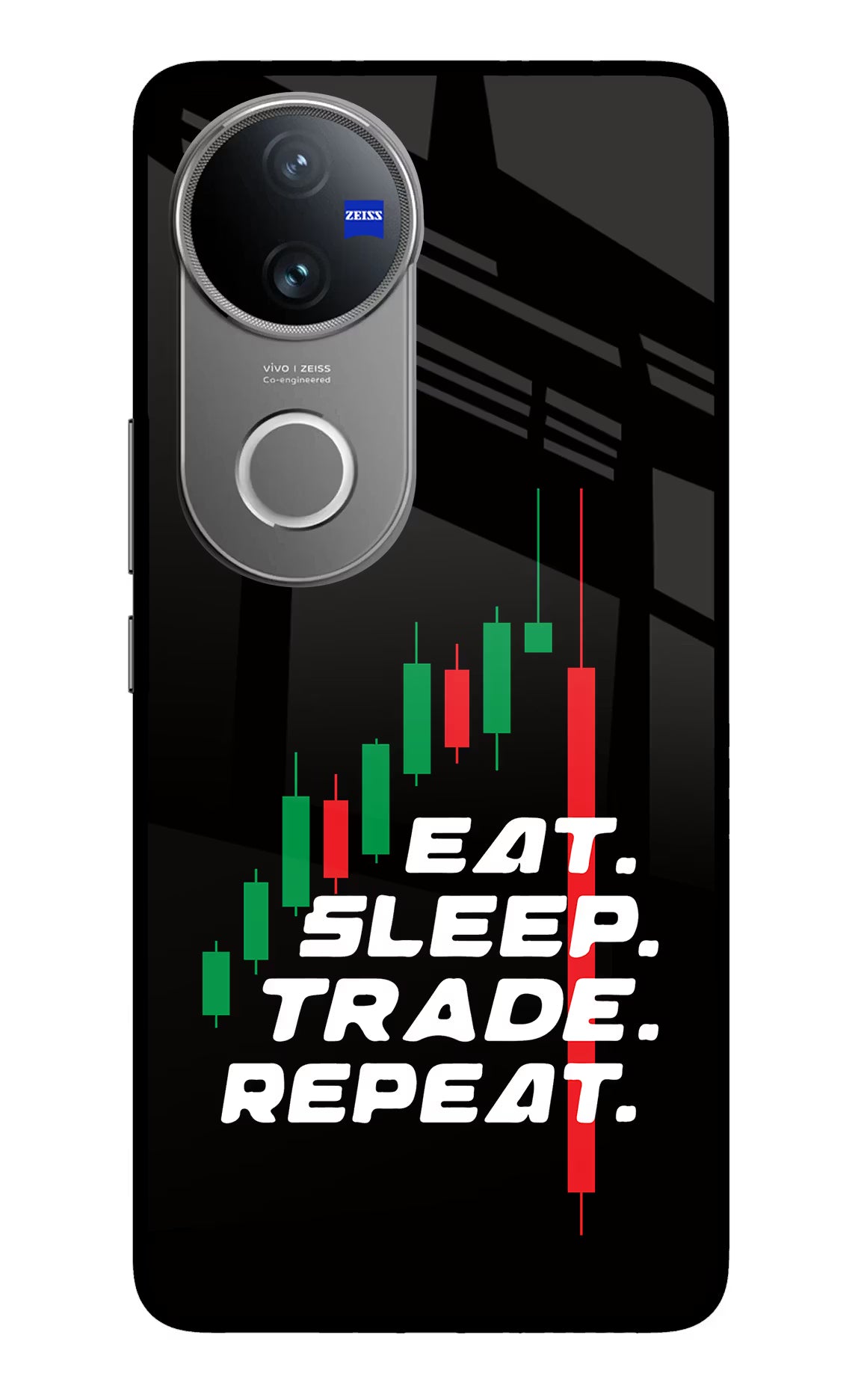 Eat Sleep Trade Repeat Vivo V50 5G Glass Case Back Cover by Casekaro