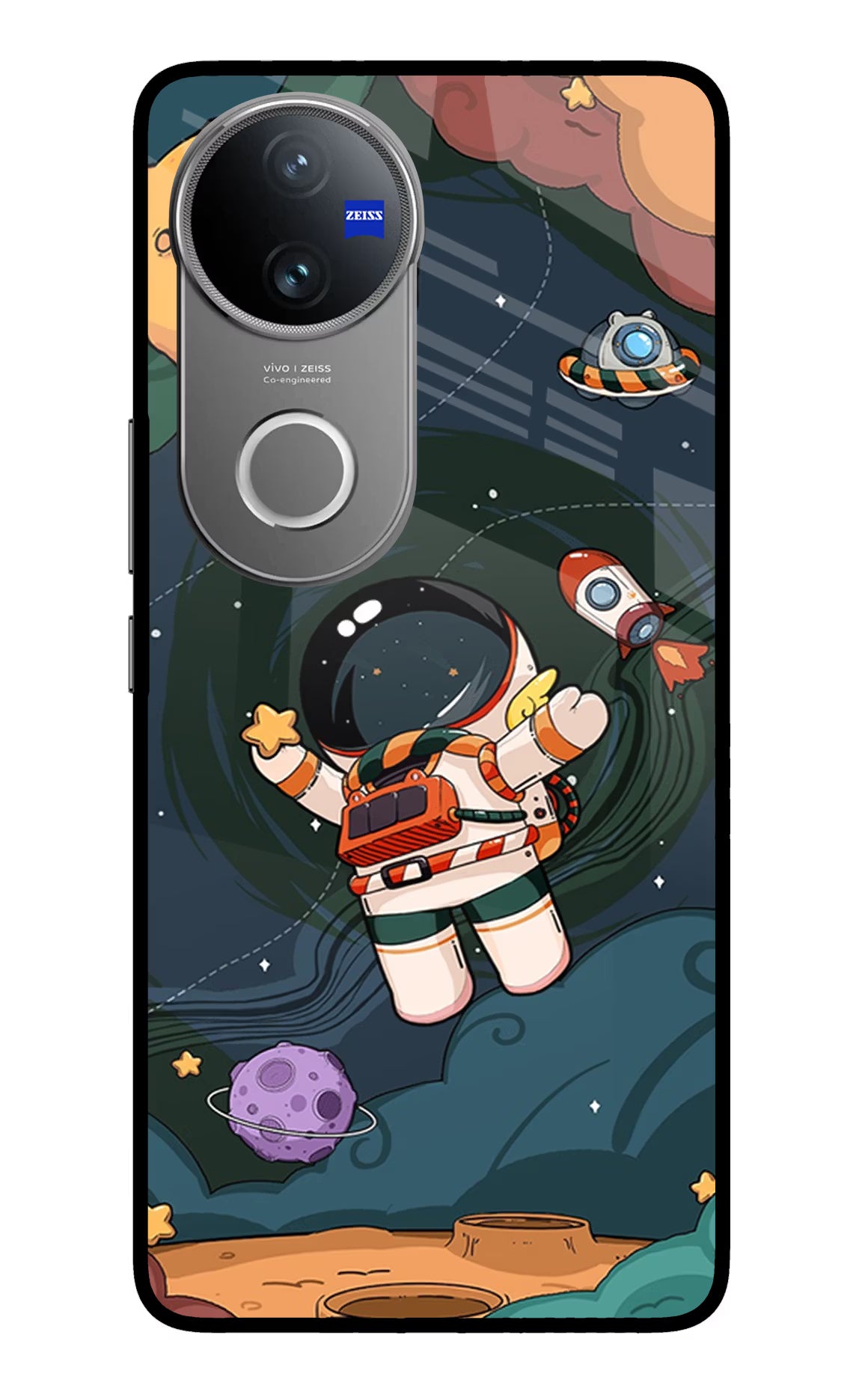 Cartoon Astronaut Vivo V50 5G Glass Case Back Cover by Casekaro