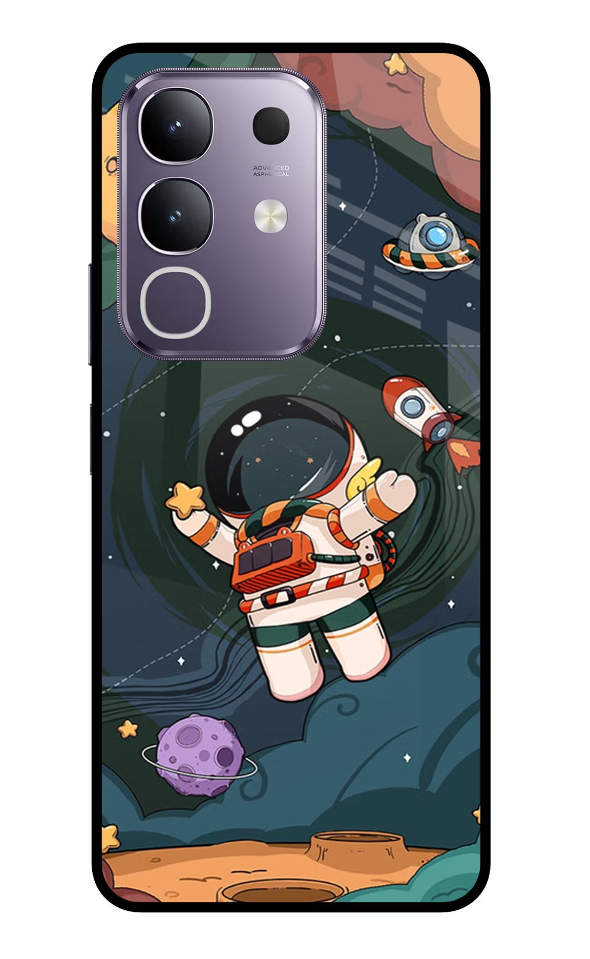 Cartoon Astronaut Vivo T4x 5G Glass Case Back Cover by Casekaro