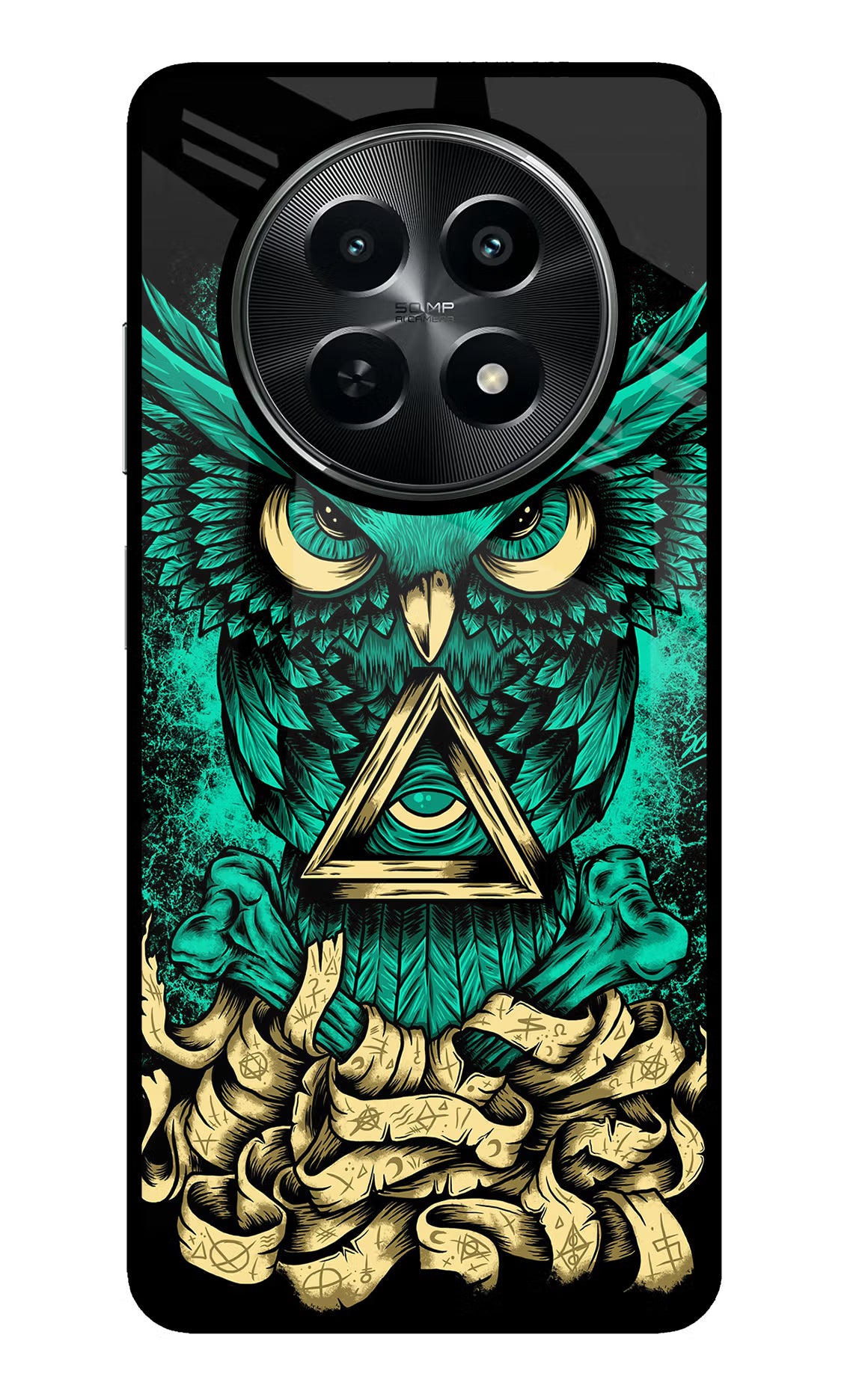 Green Owl Realme C65 5G Glass Case Back Cover by Casekaro