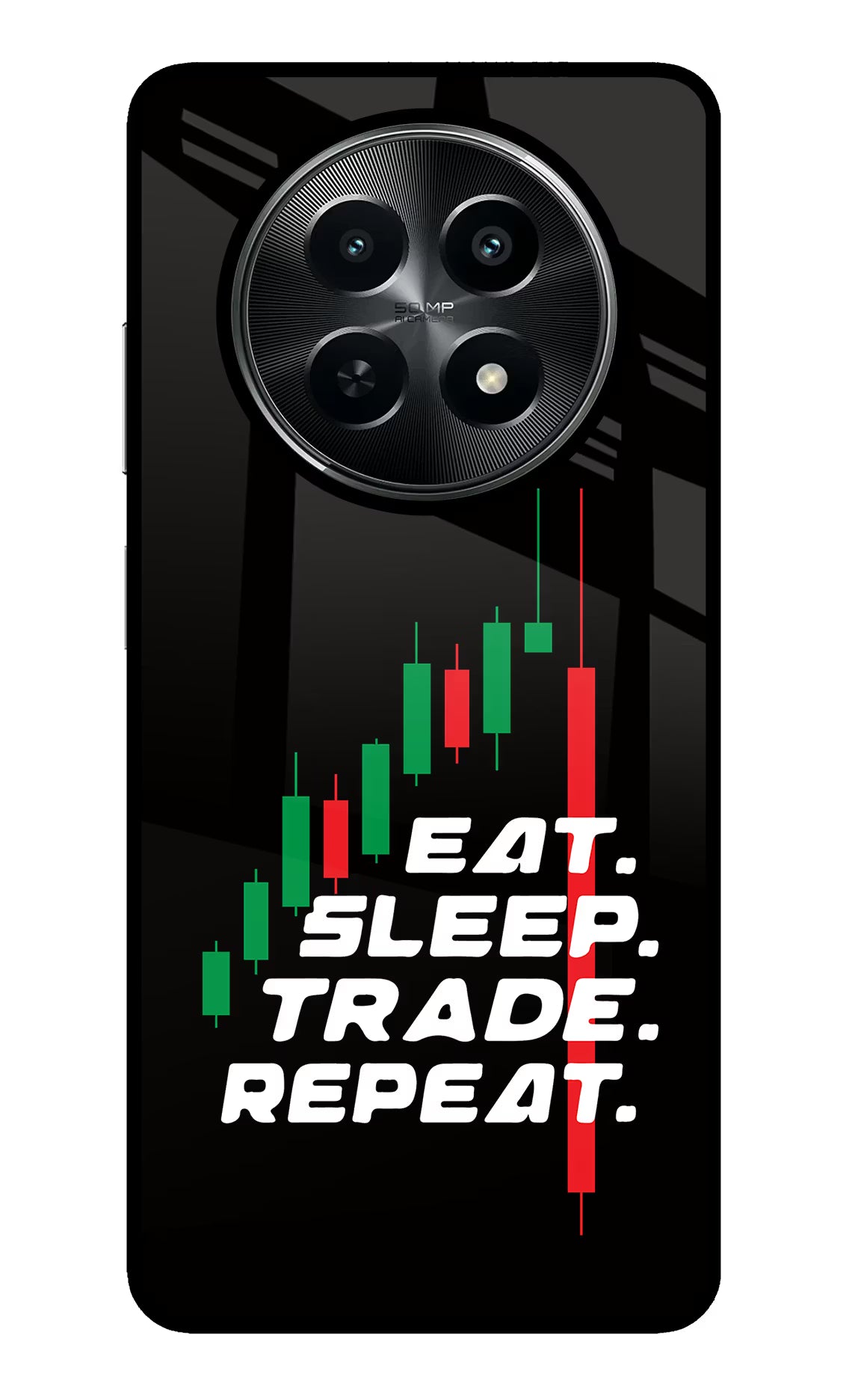 Eat Sleep Trade Repeat Realme C65 5G Glass Case Back Cover by Casekaro