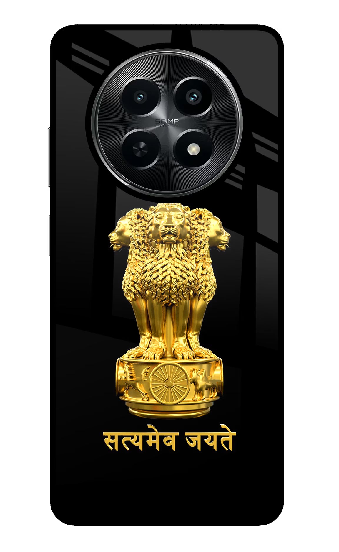 Satyamev Jayate Golden Realme C65 5G Glass Case Back Cover by Casekaro