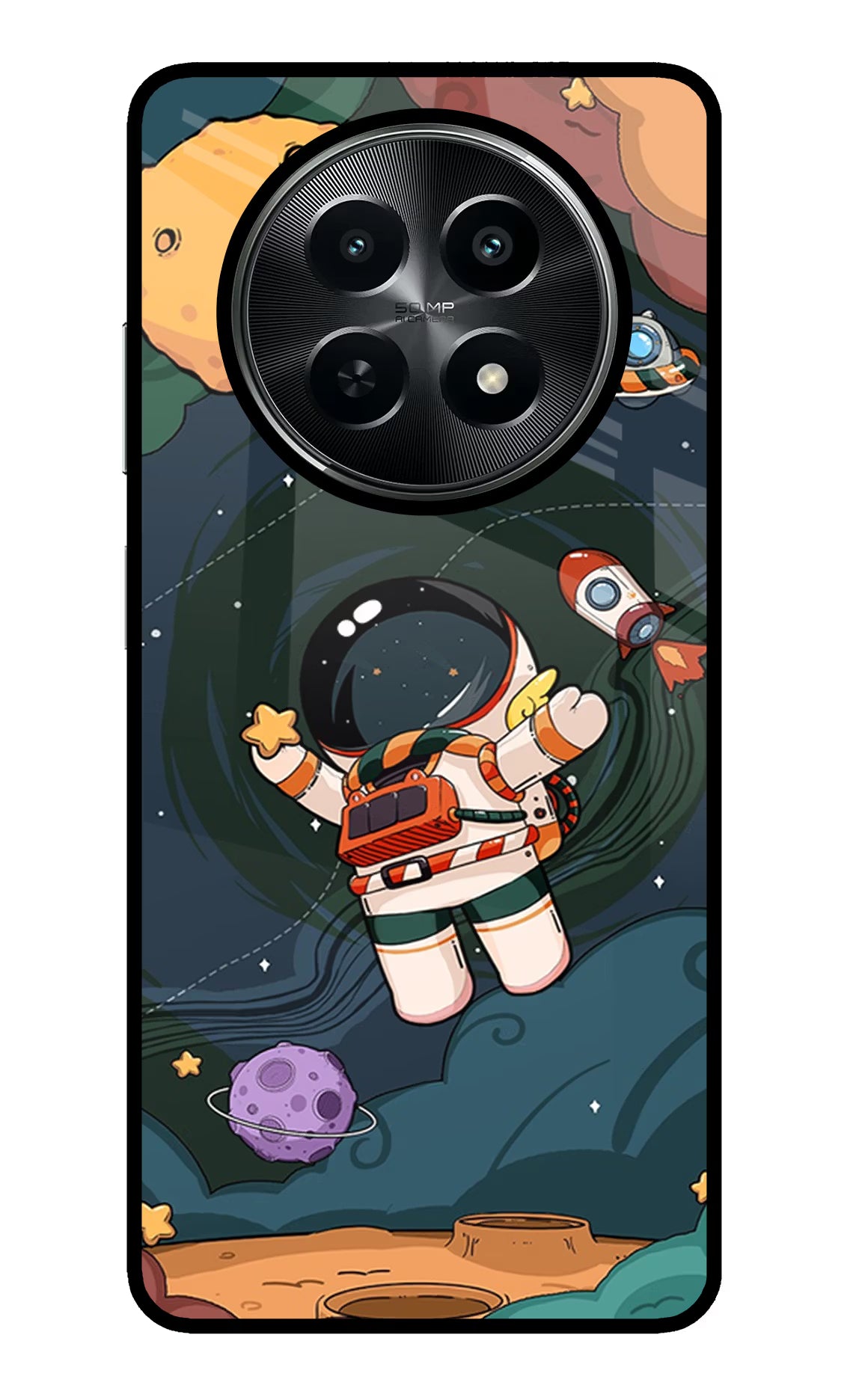 Cartoon Astronaut Realme C65 5G Glass Case Back Cover by Casekaro