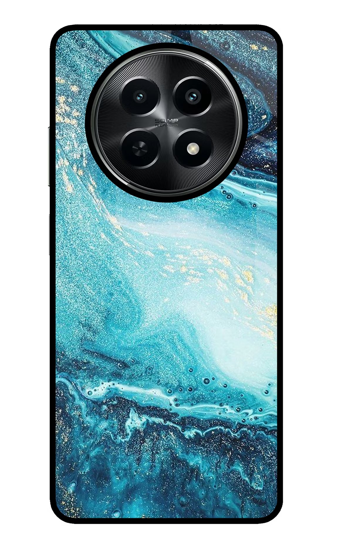 Blue Glitter Marble Realme C65 5G Glass Case Back Cover by Casekaro