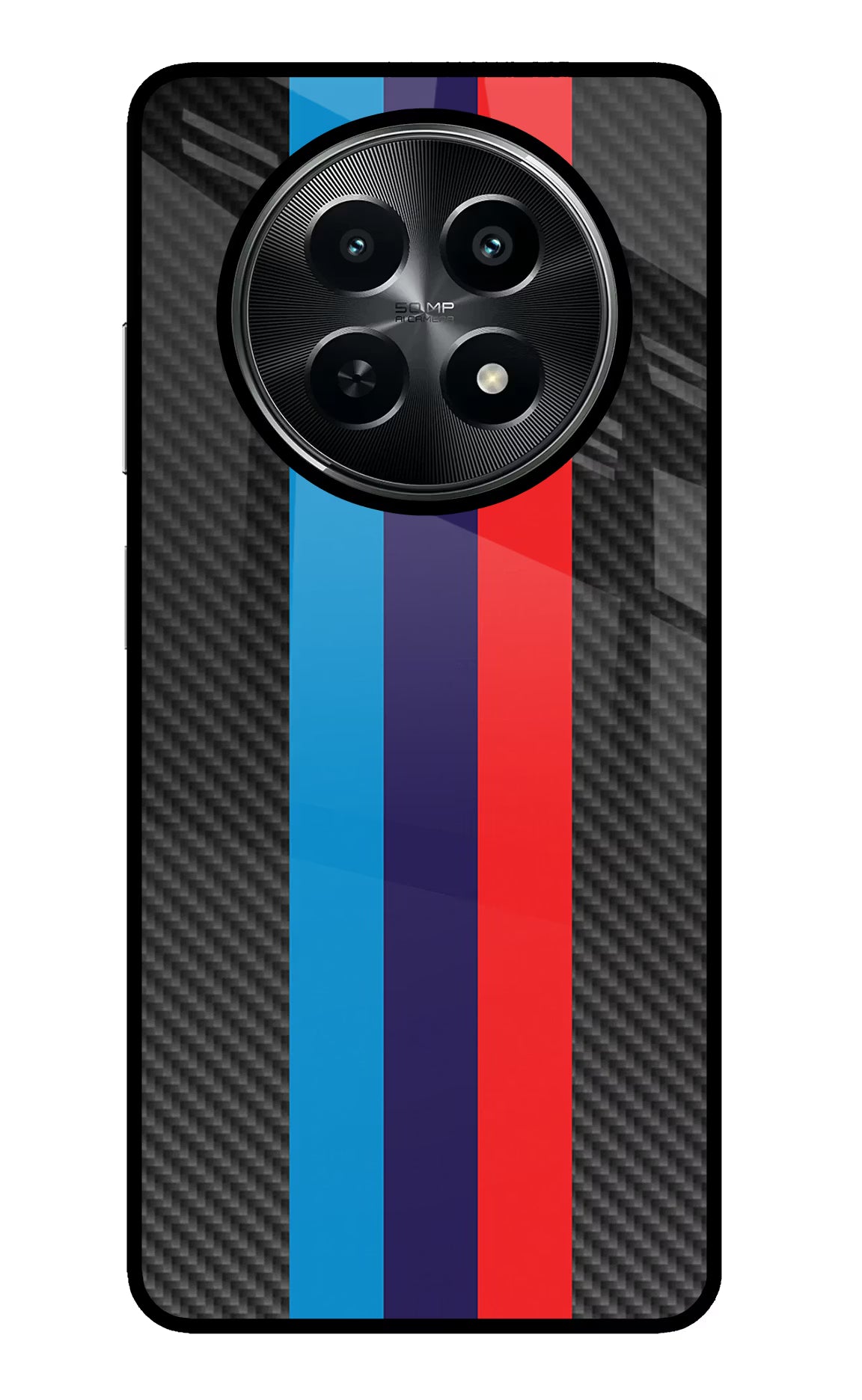 BMW Stripes Pattern Realme C65 5G Glass Case Back Cover by Casekaro